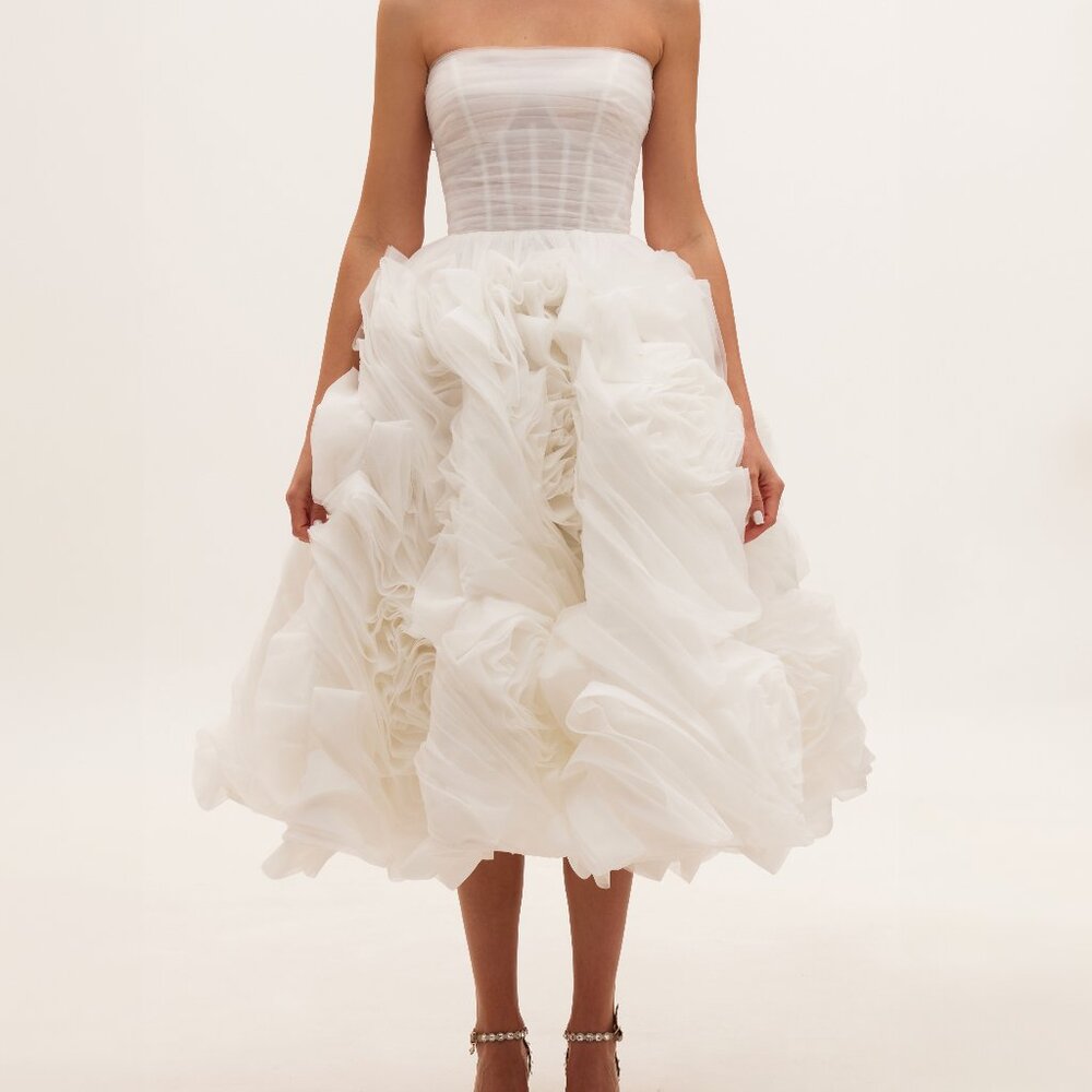 Strapless White Ruffled Midi Dress